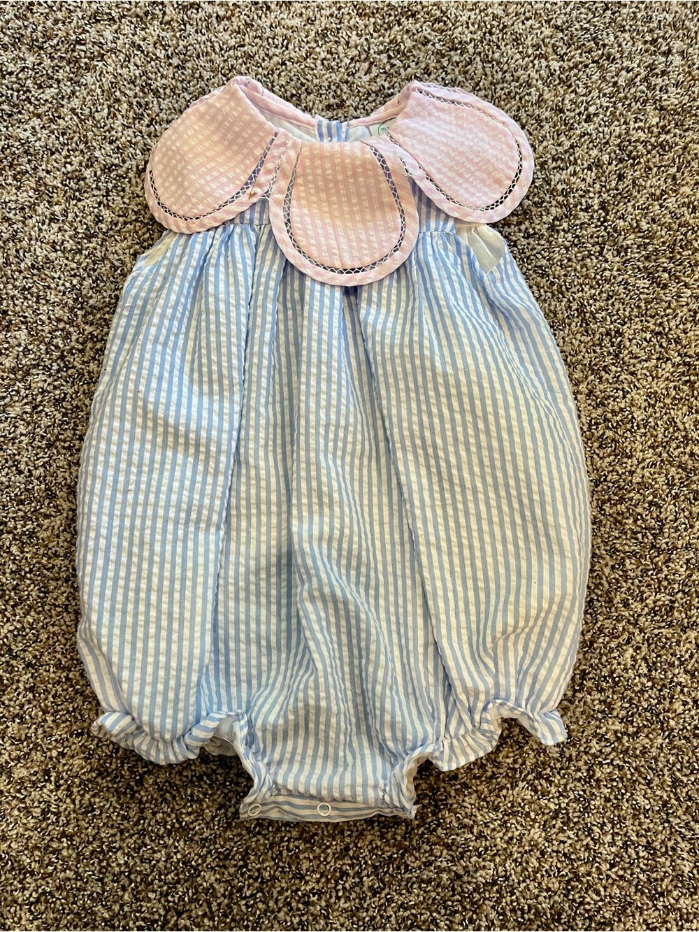 Blue-White Striped Baby Bubble Romper with Pink Scalloped Collar
